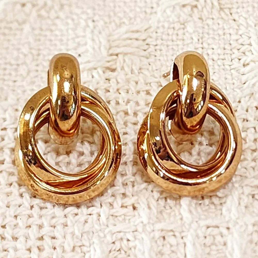 Gold Double Ring Knot Half Circle Stud Classy Office Pierced Earrings